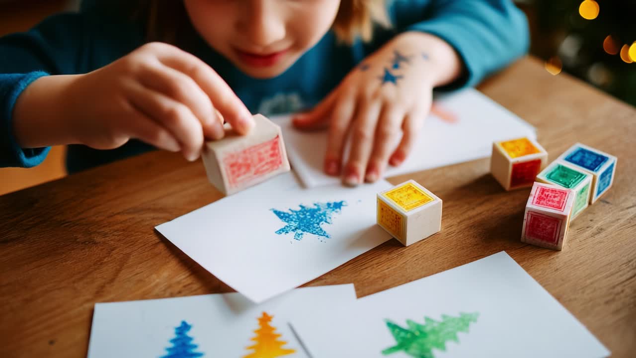 A Young Child Engages in Creative Crafting by Stamping Colorful Christmas Trees onto Paper, Showcasing Imagination and Artistic Talent Using Vibrant Stamps and Ink