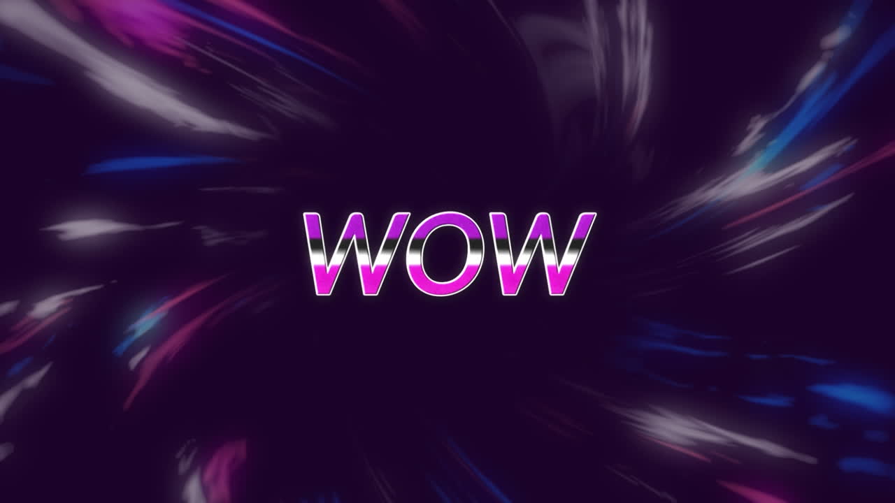 Animazione del testo "wow" su luci geometriche colorate in movimento su sfondo scuro