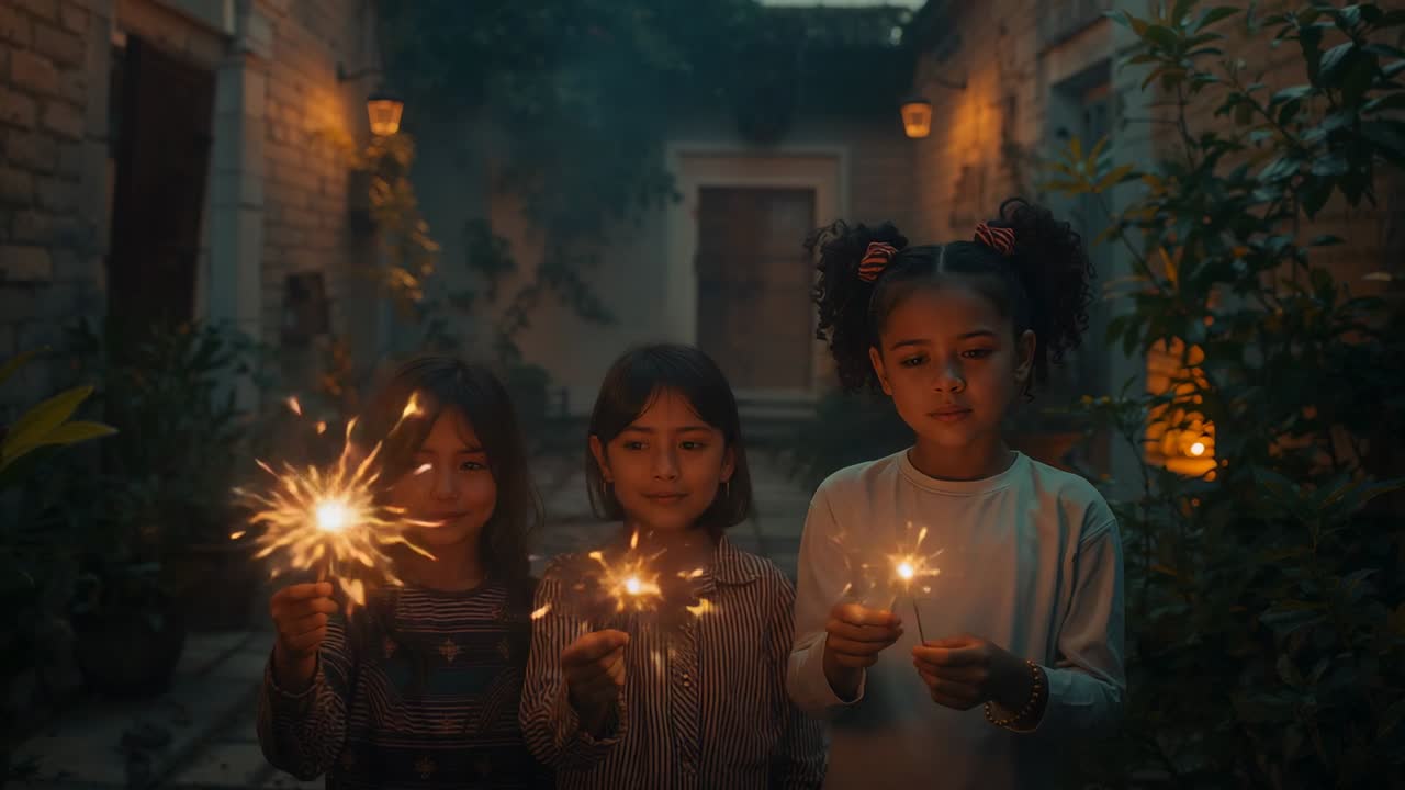 Alzando le stelline, tre bambini accendono e poi abbassano i bastoncini guardando la luce svanire nel cortile