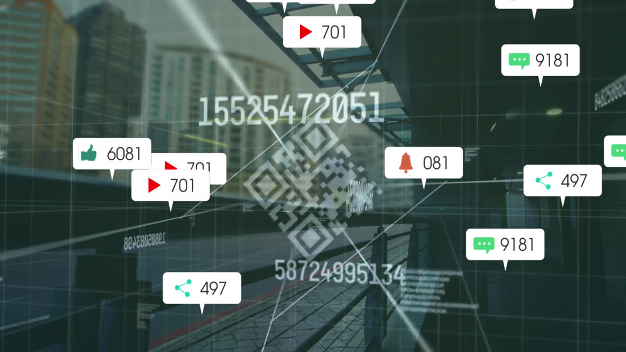 변화하는 번호의 애니메이션, 소셜 미디어 아이콘 및 도시 교통에 대한 qr 코드 스캐너