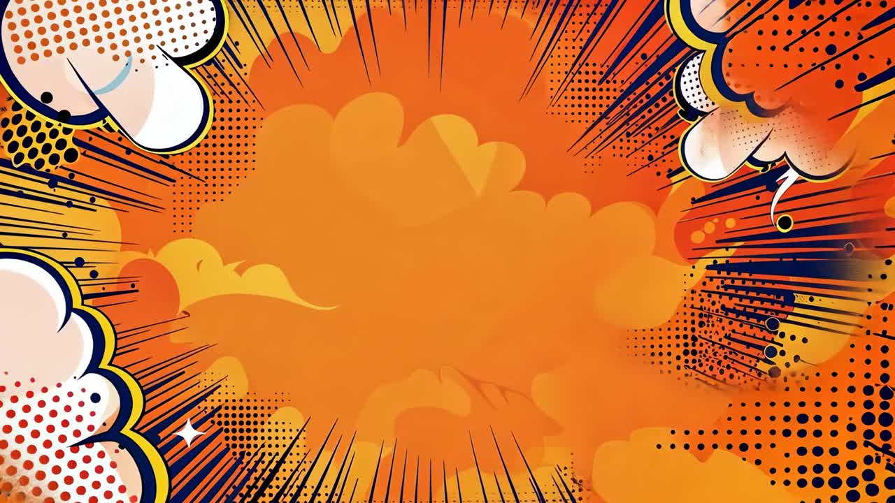 Dynamic pop art style with vibrant orange tones and comic book elements