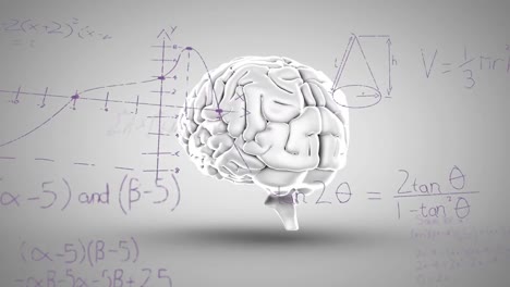 Animation-of-mathematical-equations-over-spinning-human-brain-icon-against-grey-background