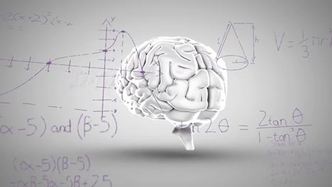 animación de ecuaciones matemáticas sobre el icono del cerebro humano giratorio contra un fondo gris.