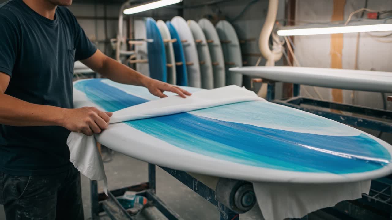 Um artesão habilidoso finalizando uma prancha de surf com cuidado em uma oficina, mostrando o trabalho artesanal e a atenção aos detalhes na fabricação de pranchas de surf