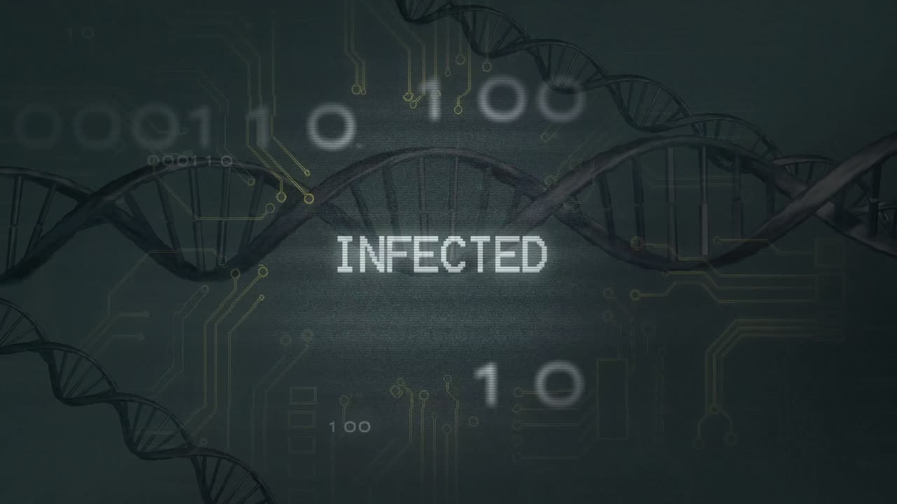 INFQ appearing on green background, morphing into INFECTED while circuits pulsing and DNA fading
