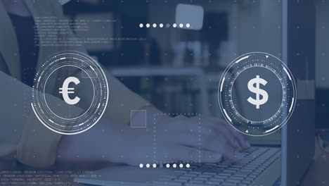 animation of currency symbols with data processing over caucasian businesswoman using laptop