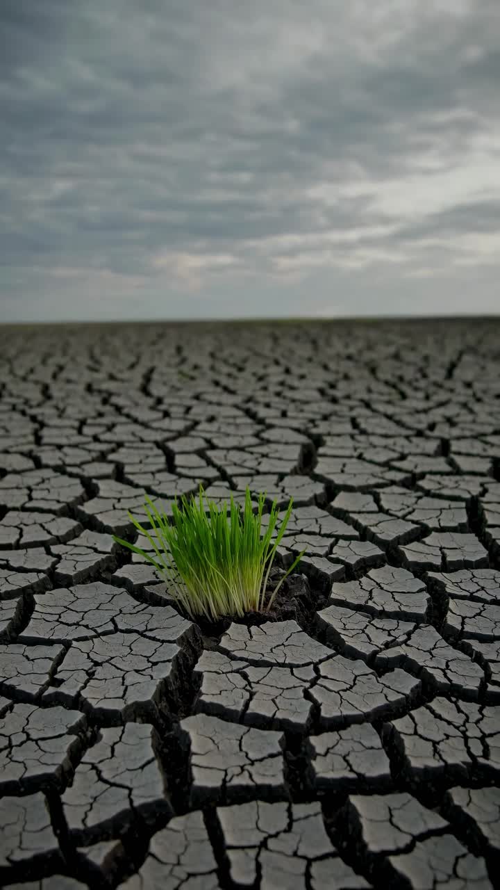 A low-angle video shot of a cracked, dry landscape with a single green plant emerging
