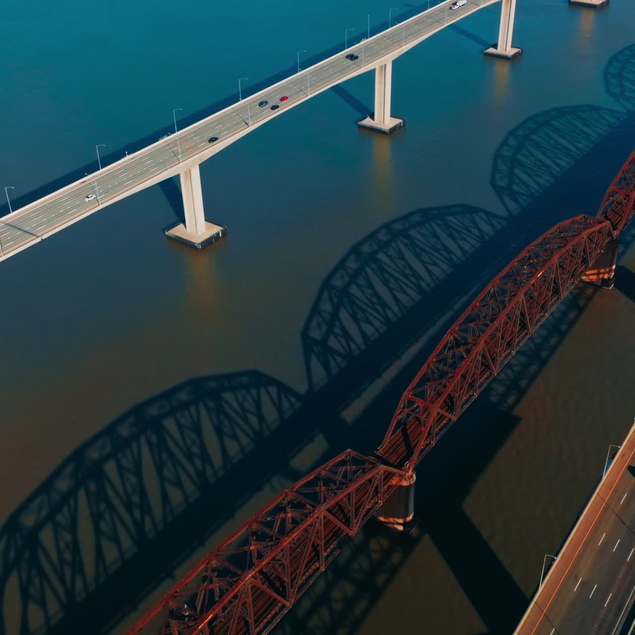 Beautiful simple bridges with one-way highways. Multiple cars moving by the bridges. Metal arched railway bridge in the middle