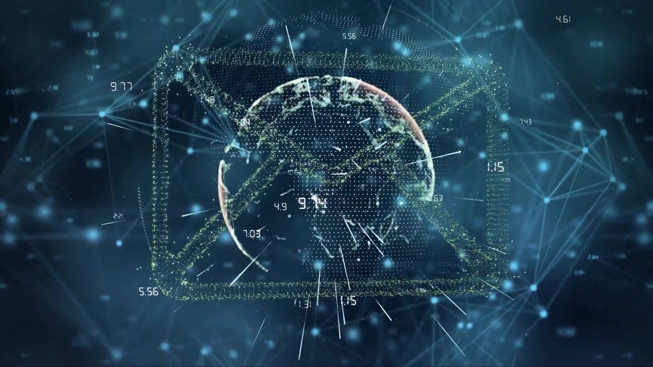Animation of connections and data processing with envelope icon over globe on black background