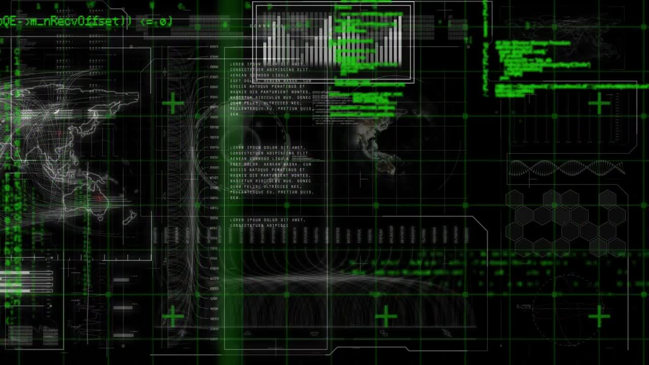 Animation of interface with scanner, world map and green processing data