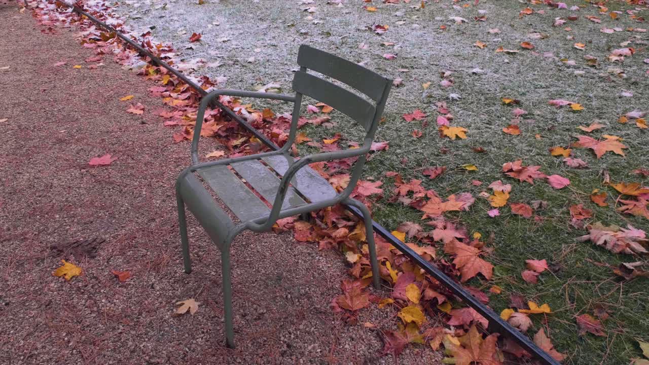 Shot of a iconic Parisian chair on a snowy day in Paris
