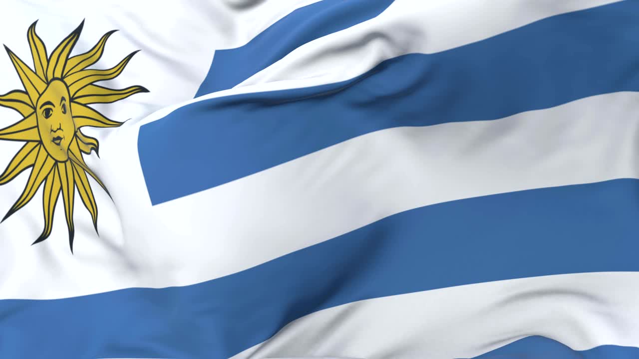 bandera de uruguay ondeando en el viento en lento con cielo azul, bucle