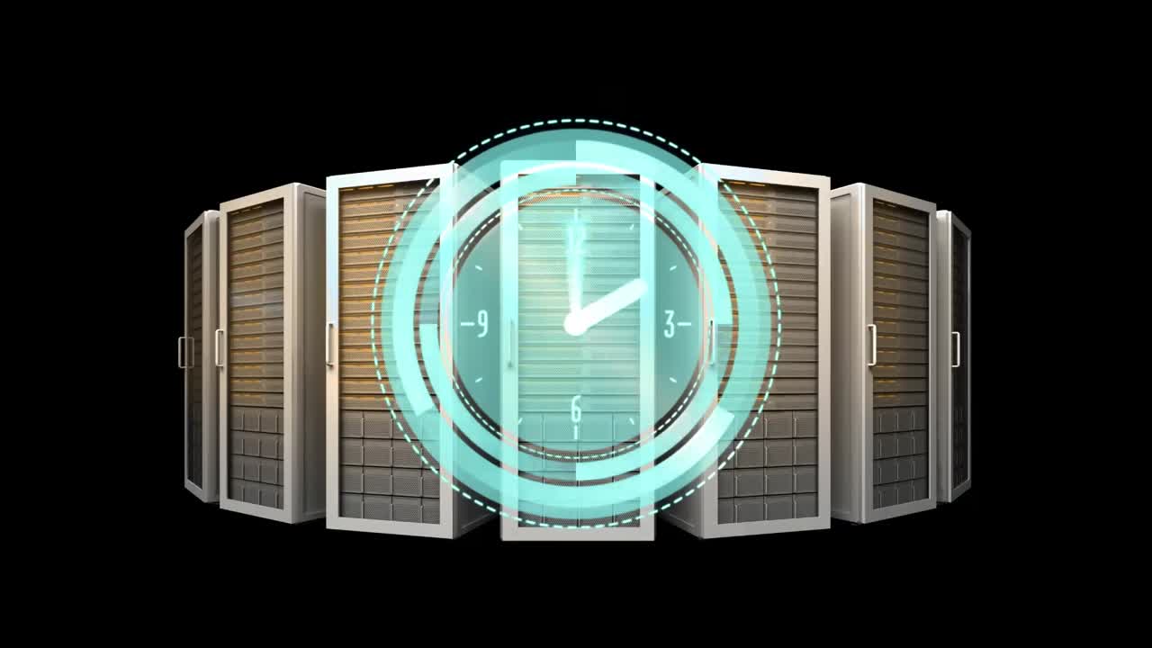 Animation of clock moving fast over computer servers