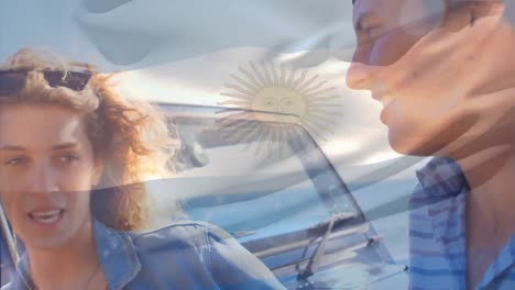 Animation-of-flag-of-argentina-over-caucasian-couple-talking