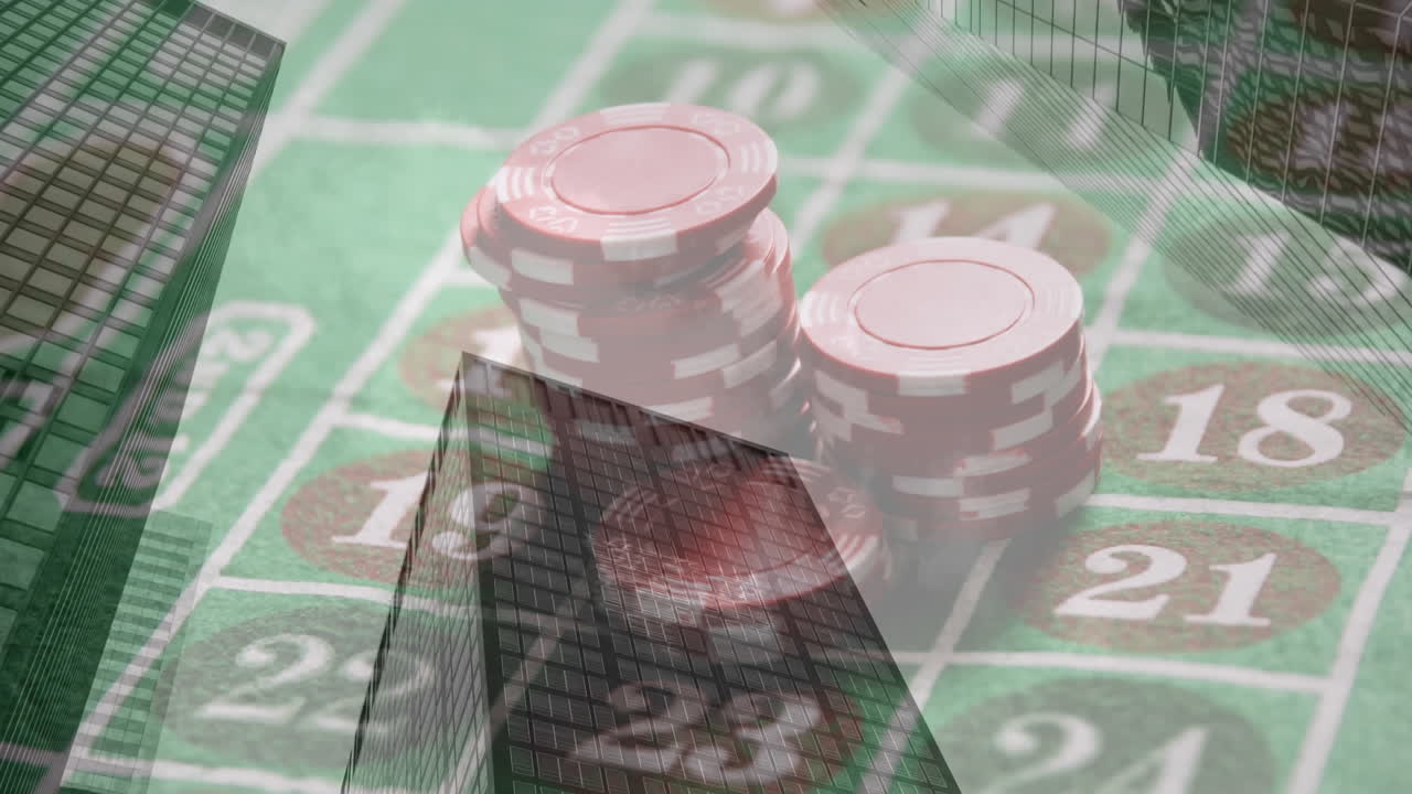 animación de fichas de juego a bordo sobre el paisaje urbano