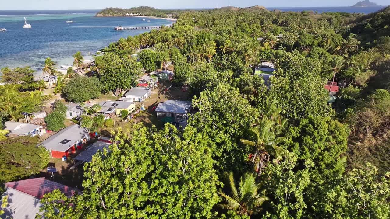 Tropical Nature And Village On Mana Island, Mamanuca Islands, Fiji. Aerial Drone Shot