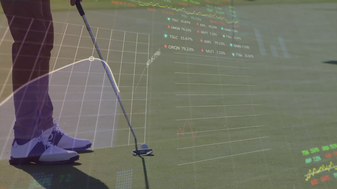 Male golfer's lower body standing on putting green, overlaying finance charts and stock data