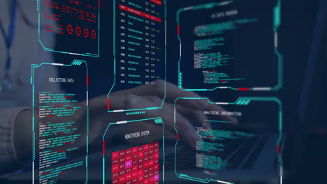 Animation of digital data processing on screens over caucasian man using laptop