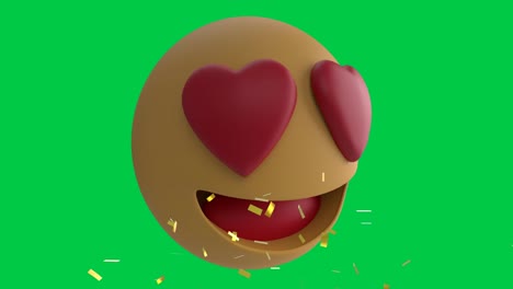 Animation-Von-Konfetti,-Das-über-Das-Emoji-Symbol-Mit-Roten-Herzen-Auf-Grünem-Hintergrund-Fällt