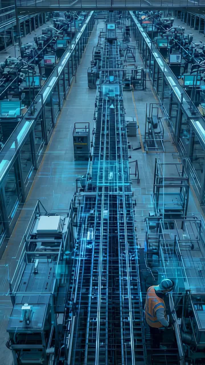 Vertical video: Heeding pulsing overlay worker in hi-vis checking conveyor in hall to monitor flow