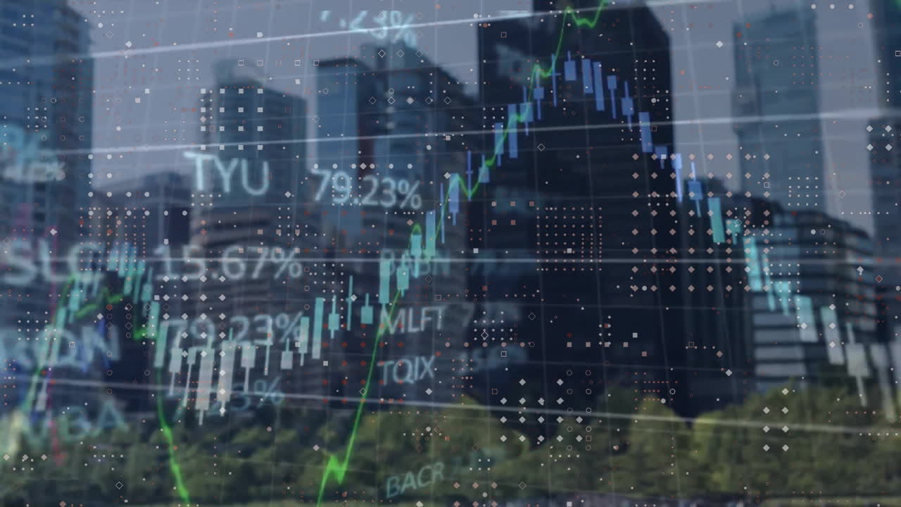 animación del procesamiento de datos financieros sobre el paisaje urbano