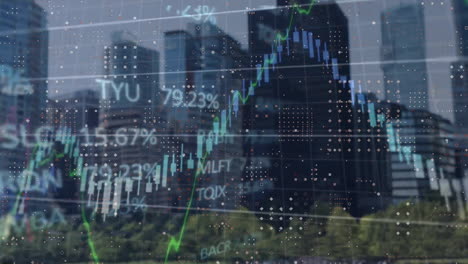 animation of financial data processing over cityscape