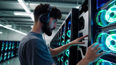 data center technician working in a server room