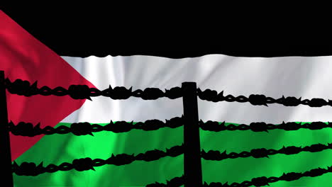 barbed wire silhouette moving over palestinian flag in animated sequence