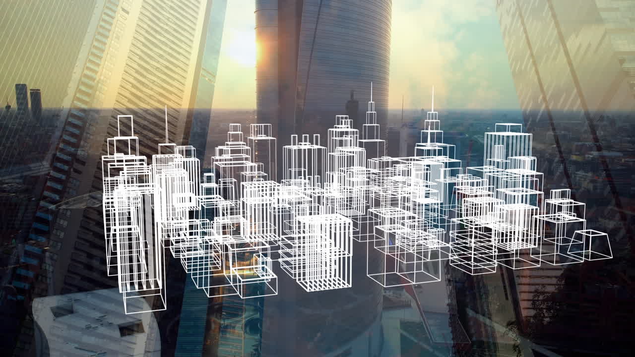 animación de un modelo de ciudad en 3d sobre el paisaje urbano