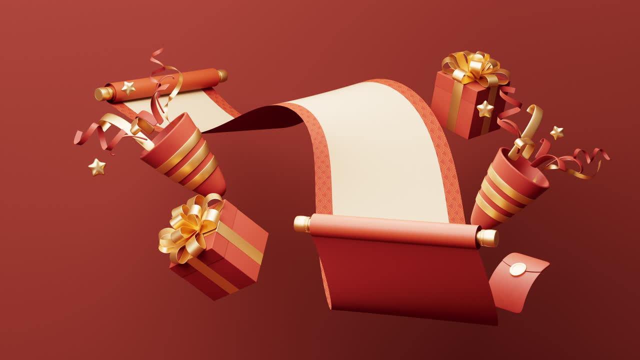 china antigua bandera de carrete rojo y elementos festivos, renderización en 3d.