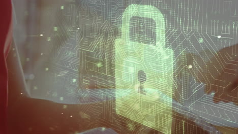 animation of network security padlock over people using payment terminal