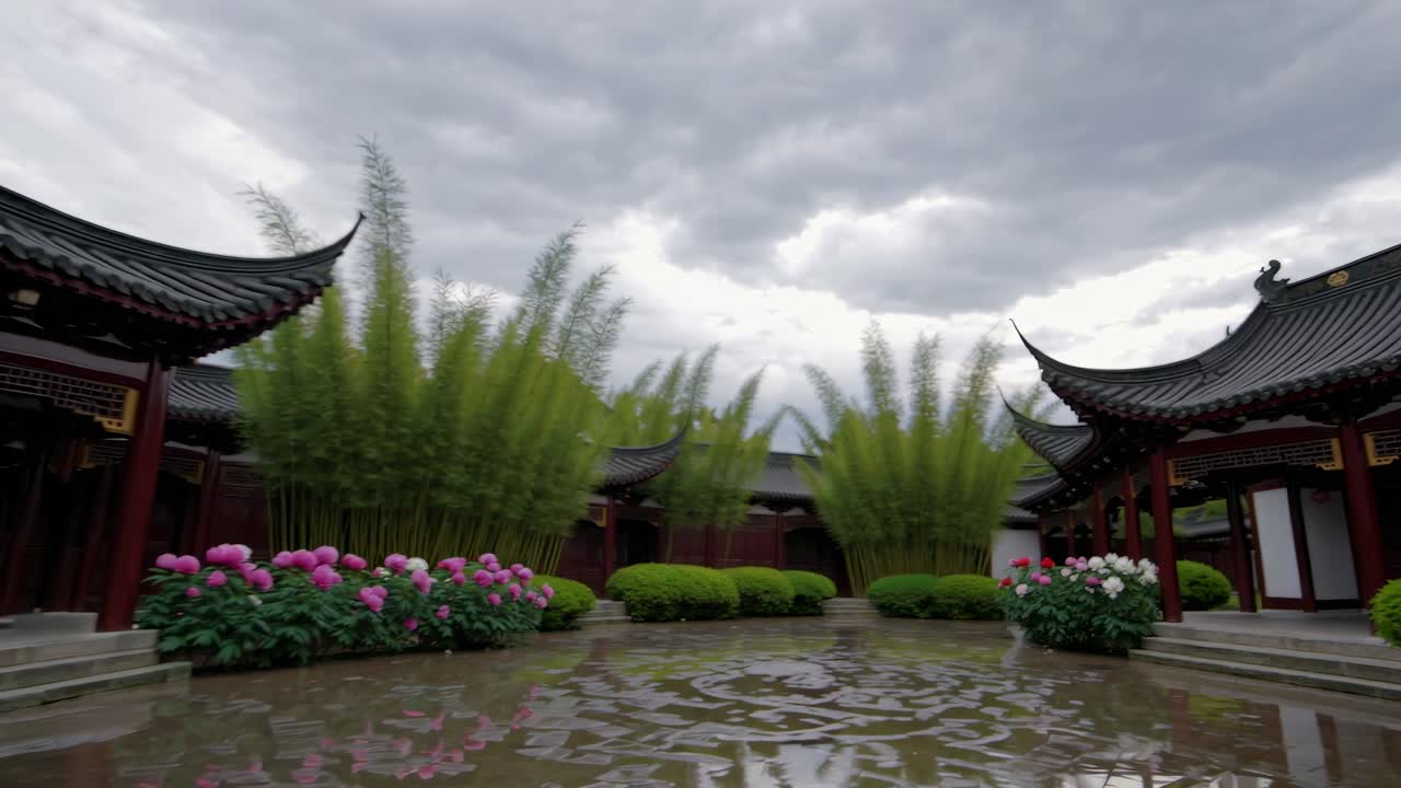 Tranquil scene of a traditional chinese courtyard featuring bamboo plants, blooming peonies, and wet pavement under a cloudy sky, evoking a sense of serenity and peace