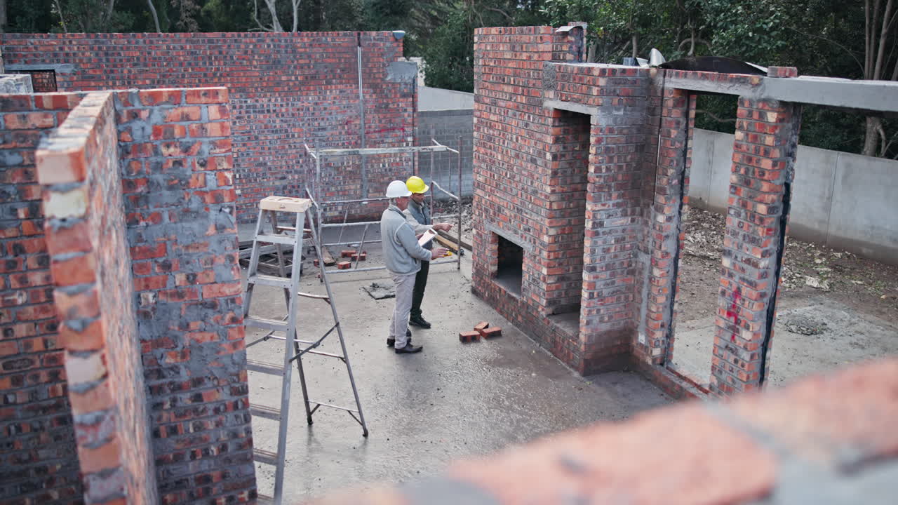 Construction site with brickwork and construction workers
