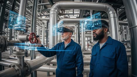 advanced industrial maintenance: technicians utilize augmented reality for enhanced workflow and efficient operations in a high-tech pipeline environment