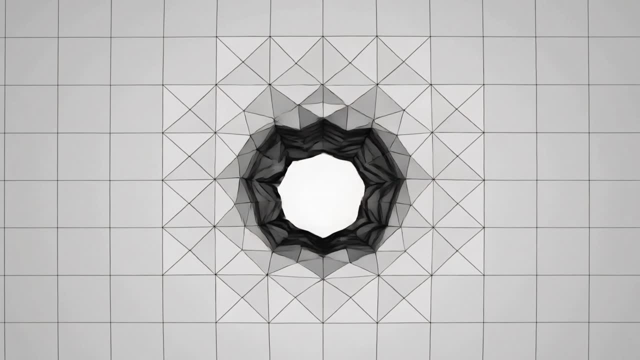 Starting central geometry folding inward on grid, forming dark scalloped ring around white core
