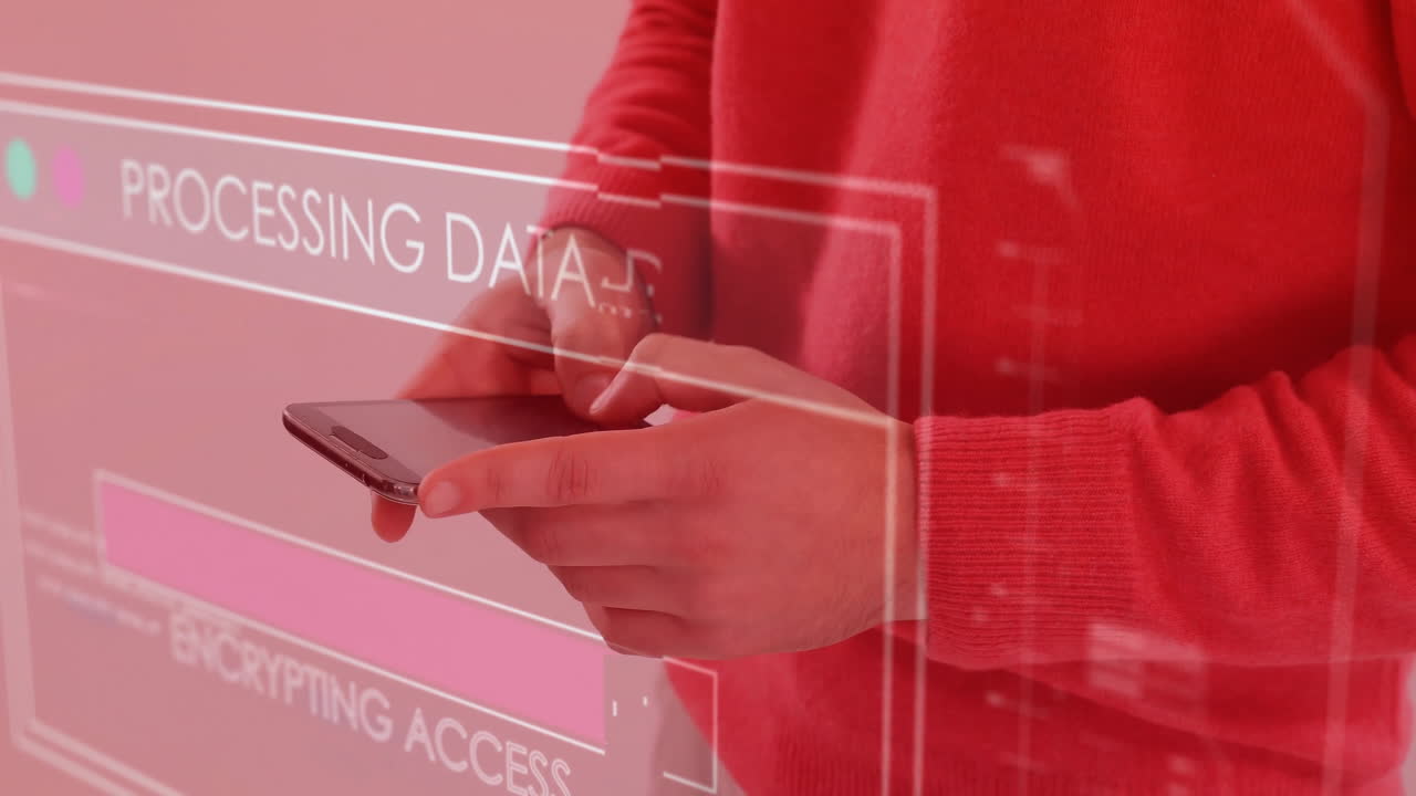 Animation of data processing over caucasian man using smartphone