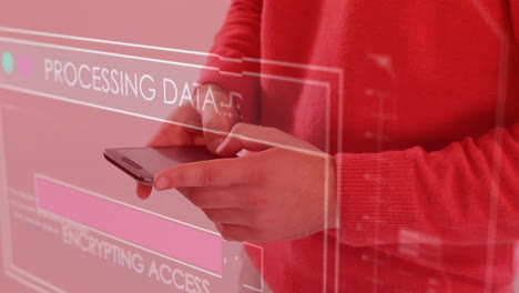 animación del procesamiento de datos sobre un hombre caucásico usando un teléfono inteligente