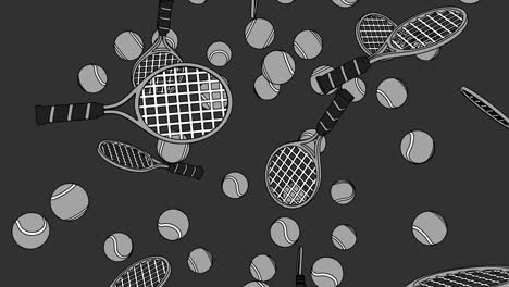 toon style gray tennis balls and tennis rackets on gray background.