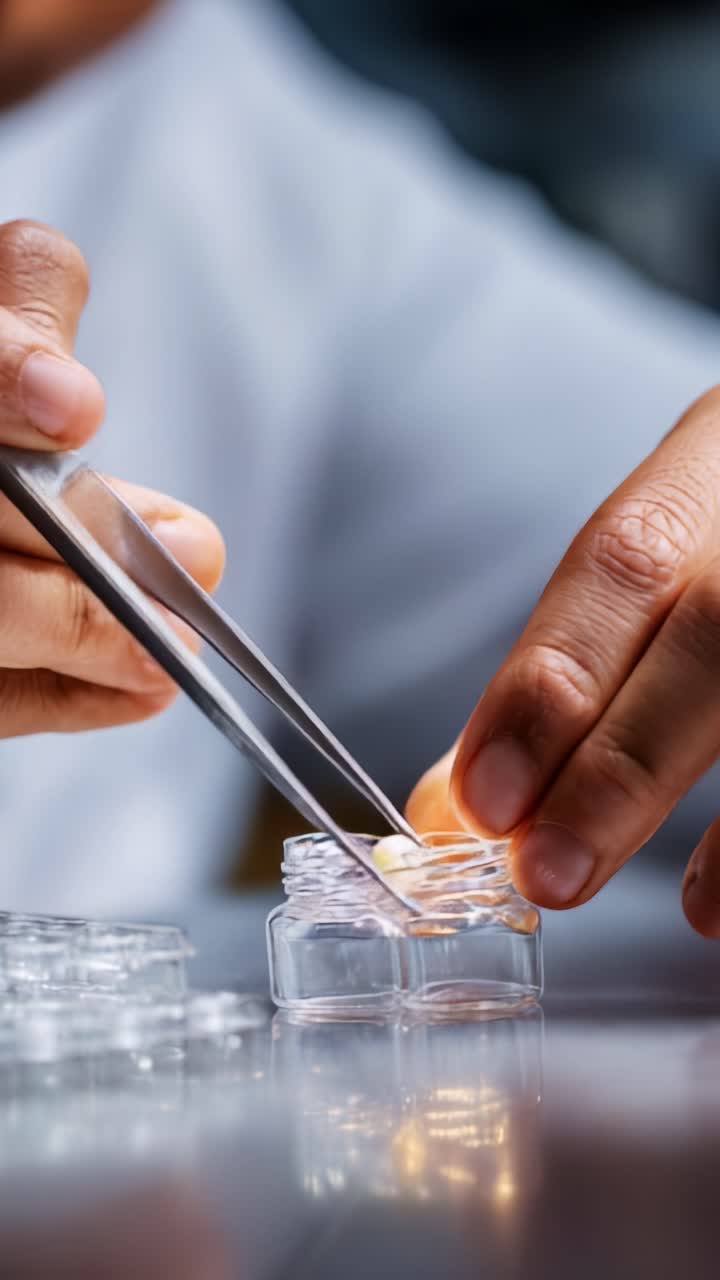 Careful handling of delicate specimens using tweezers in a laboratory setting, showcasing precision and expertise in scientific experimentation and analysis