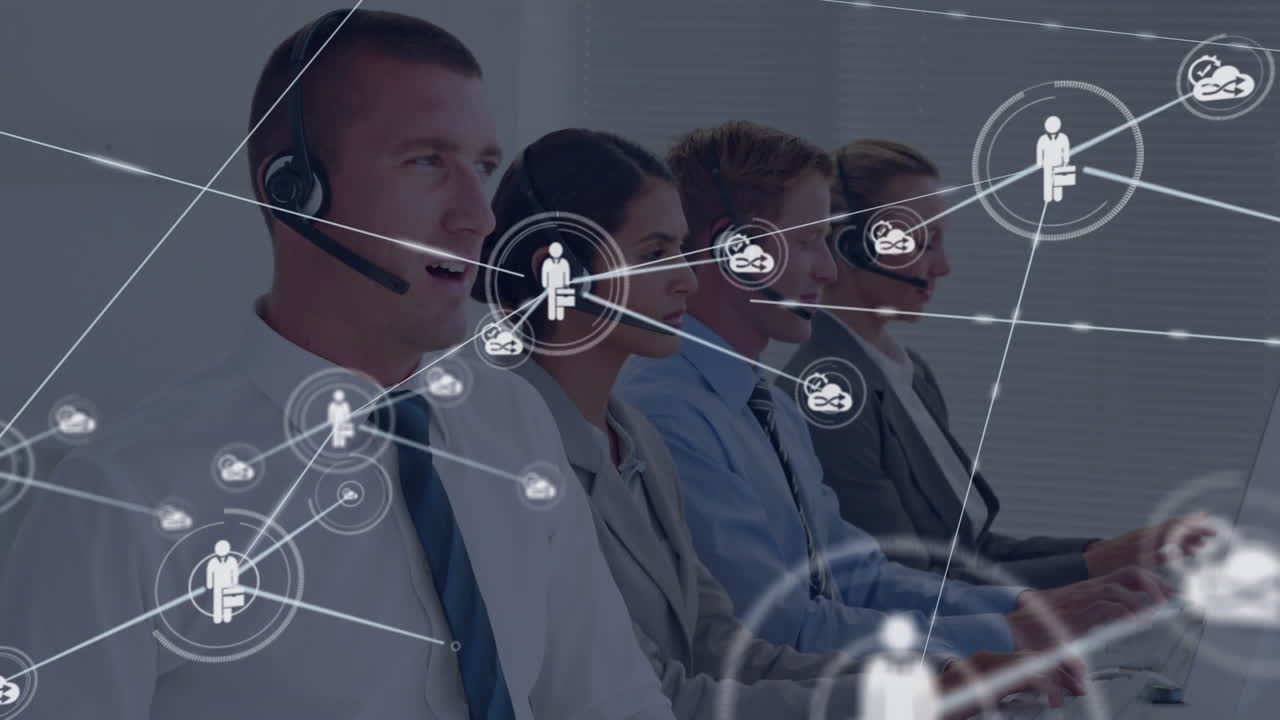 Animation of connected icons over diverse customer representatives talking with customers in office