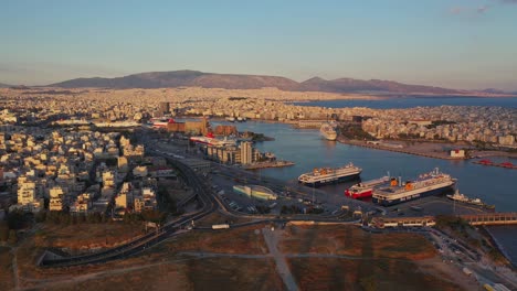 aerial - panoramic shot of the port of piraeus in athens, greece