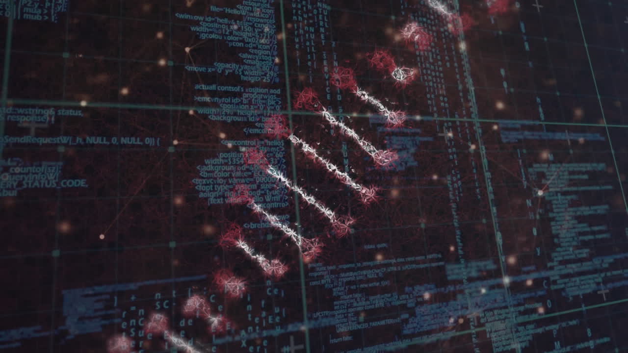 animación de la cadena de adn que gira sobre el procesamiento de datos y la red de conexiones con puntos brillantes