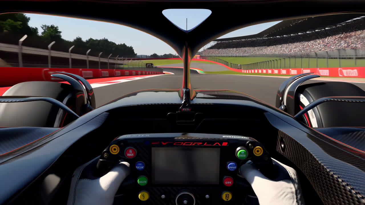 First-person view from a Formula 1 race car on a track