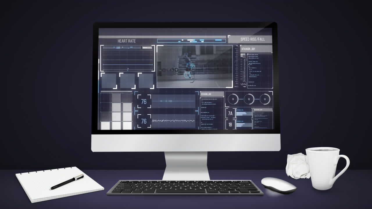 파란색 배경에 컴퓨터 화면에서 데이터 처리를 하는 디지털 인터페이스