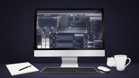 digital interface with data processing on computer screen against blue background