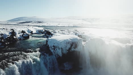 beautiful drone shot of frozen waterfall in iceland