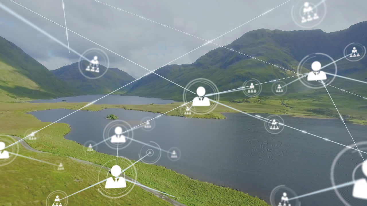 animación de la red de conexiones con iconos sobre el paisaje