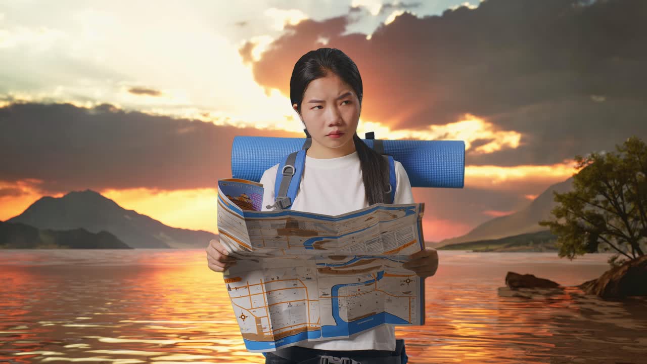 Tourist Searching for Directions at Sunset