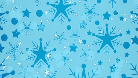 Animation-of-snow-falling-over-christmas-snowflakes-on-blue-background