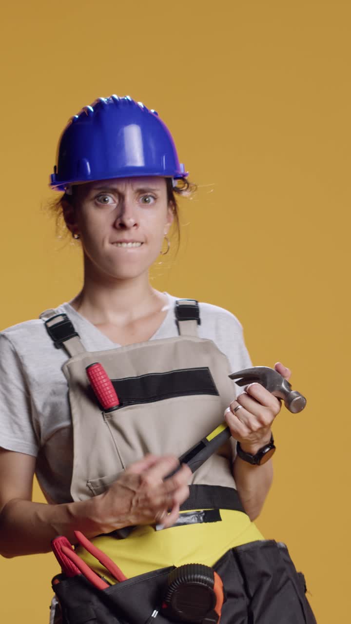Vertical video: Portrait of silly contractor playing air guitar with hammer